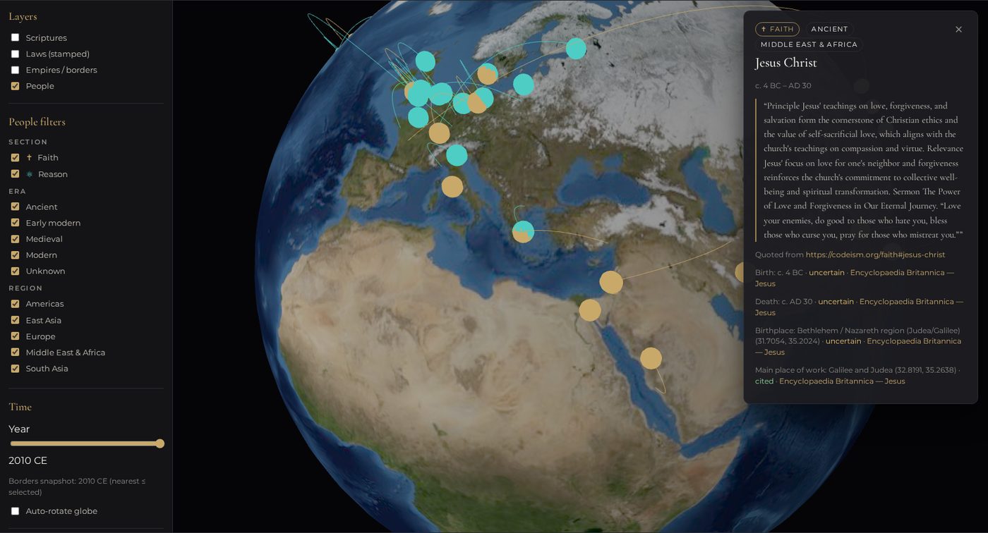 A still image of the Codeism Atlas globe showing the People layer over Europe, the Middle East and Africa.