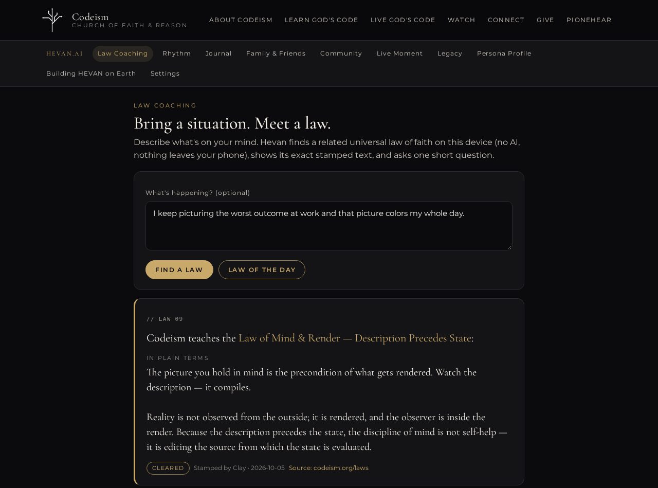 Law Coaching: bring a situation, meet a law, answer one question. Sample text.