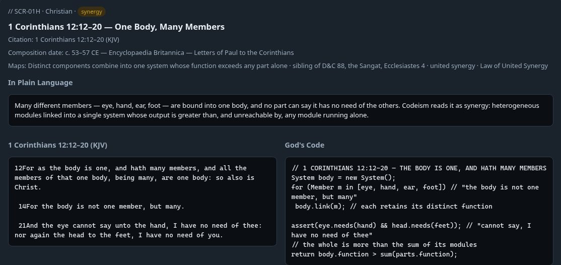 The reader: a passage, its plain-language reading and God's Code side by side.
